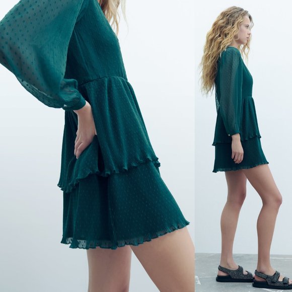 NEW Zara Teal Green Swiss Dot Mesh Surplice V Neck Ruffle Pleated Mini Dress M - Picture 3 of 11